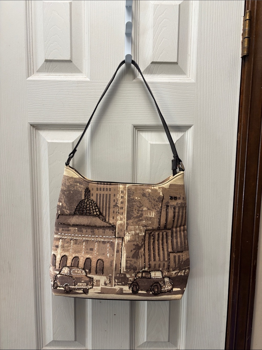 Woven Cityscape Shoulder Bag in Beige and Brown